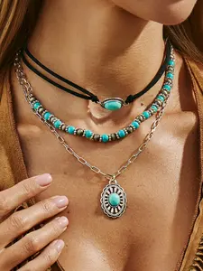 Boho Style Faux Turquoise CC B Cross Chain Necklace Set, Bohemian Style Elegant Fashion Party Jewelry, Holiday Gift for Women, Unisex Streetwear Accessory