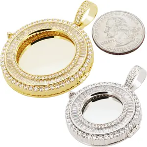 14k Yellow/White Gold Plated AAA Cubic Zirconia Circle Memory Picture Pendant