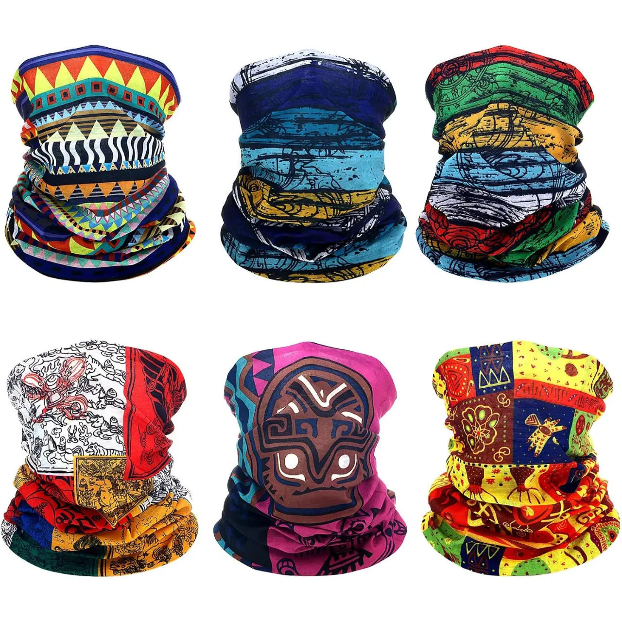 6 Pack African Scarf Bandanas – Boho Neck Gaiter Face Cover Balaclava Head Wrap for Men & Women Outdoor Motorcycle Use