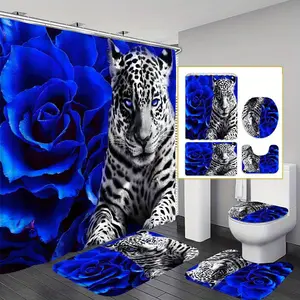 Rose & Leopard Pattern Bathroom Decor Set, 4 Counts/set Including 1 Shower Curtain, 1 Toilet U-shape Mat, 1 Rectangular Mat, 1 Toilet Lid Cover, Bathroom Decor Supplies, Bathroom Decoration Accessories