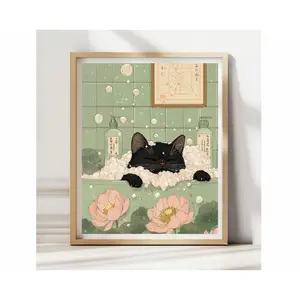 Black Cat in Bathtub Art Print: Funny Zen Japandi Bathroom Decor
