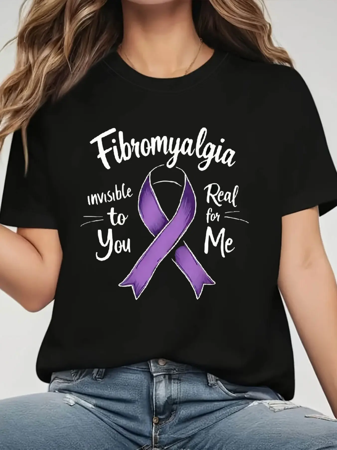 Large Women's Fibromyalgia Awareness T-Shirt-Invis unisex soft cotton short sleeve t shirt, vintage graphic casual tee for men women teens, perfect birthday holiday gift for camping travel gym daily street  wear