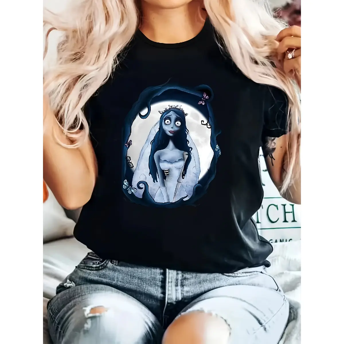 Tim Corpse Bride Graphic Print Women's T-Shirt - Black Casual Round Neck Tee with Medium Stretch, Machine Washable Gothic Fantasy Art Top for Casual Attire, Allseason Apparel, Nontransparent Fabric