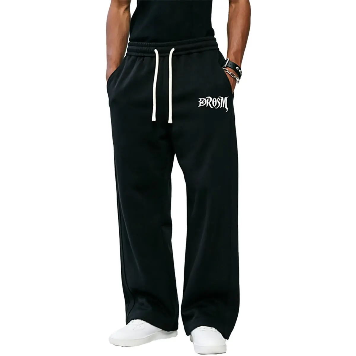 Men's Stretch Polyester Casual Trousers - Elastic Drawcord Waist, Regular Leg, Straight Cut, Deep Side Pockets - Ideal for Street Minimalism, Relaxed Leisure, Trouser