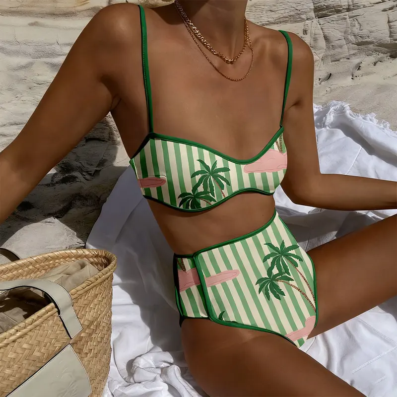 Women's Retro Striped High-Waisted 2-Piece Bikini Set - Padded Palm Print Top, Bust Support, for Beach Party, Photography & Casual Wear