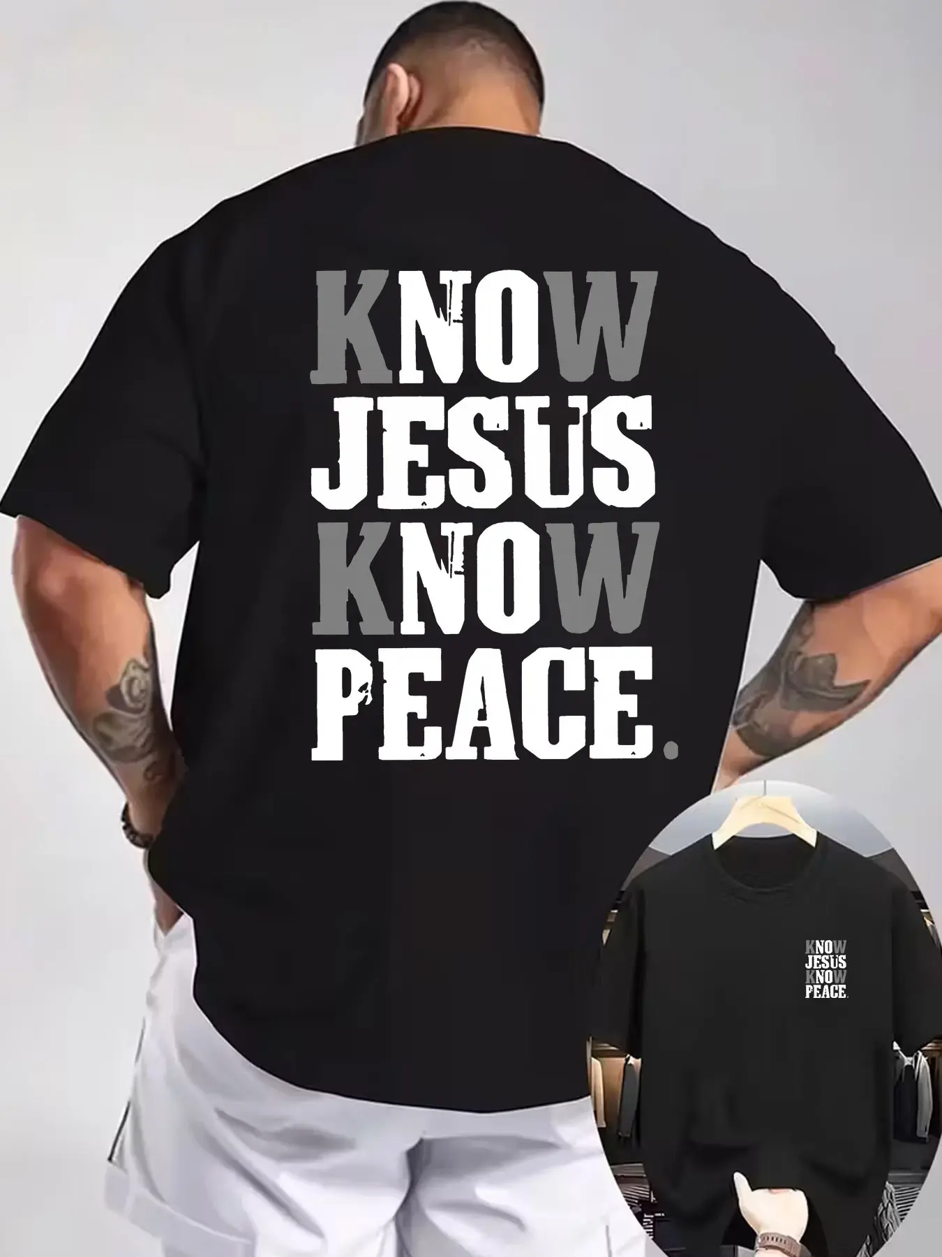 "Know Jesus Know Peace" Graphic T Shirt, Men's Christian Faith Print Tee, Oversized Classic Casual Graphic Design Heavy Cotton Crew Neck Short Sleeve Top, Menswear (Black)