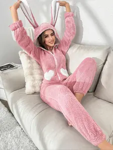 Women's Heart Pattern 3D Rabbit Ear Design Loung Hooded Onesie, Cute Zipper Long Sleeve Sleepwear, Casual Comfy Sleepwear for Fall & Winter