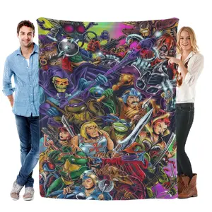 TMNT & He-Man 80s Crossover Collage Flannel Throw Blanket Soft Cozy Warm Lightweight Plush Fleece Blanket Unique Christmas Holiday Gift for Retro Cartoon Fans Couch Bed Sofa All Season Home Decor
