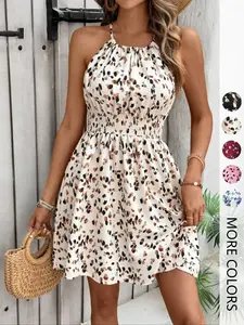 Women's All Over Print Halter Neck Dress, Boho Fashion Casual Sleeveless Short Dress for Beach Holiday Vacation, Ladies Summer Clothes