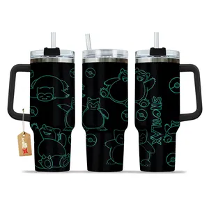 STORMMECH- Snorlax 40oz Handle Tumbler – PKM Stainless Steel Travel Mug, Anime Inspired Vacuum Insulated Cup, Large Iced Coffee Tumbler, Manga Fighter Drinkware, Otaku Gift for Him Her