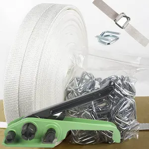 Banding Strapping Kit, Woven Cord Pallet Packaging Tool, Upgraded Strapping Tensioner Tool, 3/4" x 330' Woven Cord (2400 LBS Break Strength), 100 count Metal Buckles and Woven Cord Roll