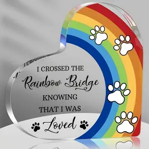 Heart Shaped Pet Memorial Acrylic Ornament, Personalized Rainbow & Paws Pattern Gift, Condolence Gift for Pet Loss Memorial, Home Decor for Dogs and Cats