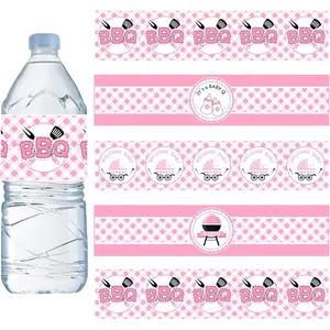 24PCS BBQ Baby Shower Water Bottle Labels Barbecue Baby Shower Waterproof Self Adhesive Water Bottle Labels for Cookout BBQ Babyq Shower Decorations Girl Pink