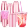 Kesaplan 50Pack 300ml/400ml Pink Plastic Party Cups with Flat or Sippy Lids and Straws,Disposable Iced Coffee Cup with Lids,Round Bottom Drinking Cups for Birthday Wedding Valentine's Galentine's Bachelorette Party