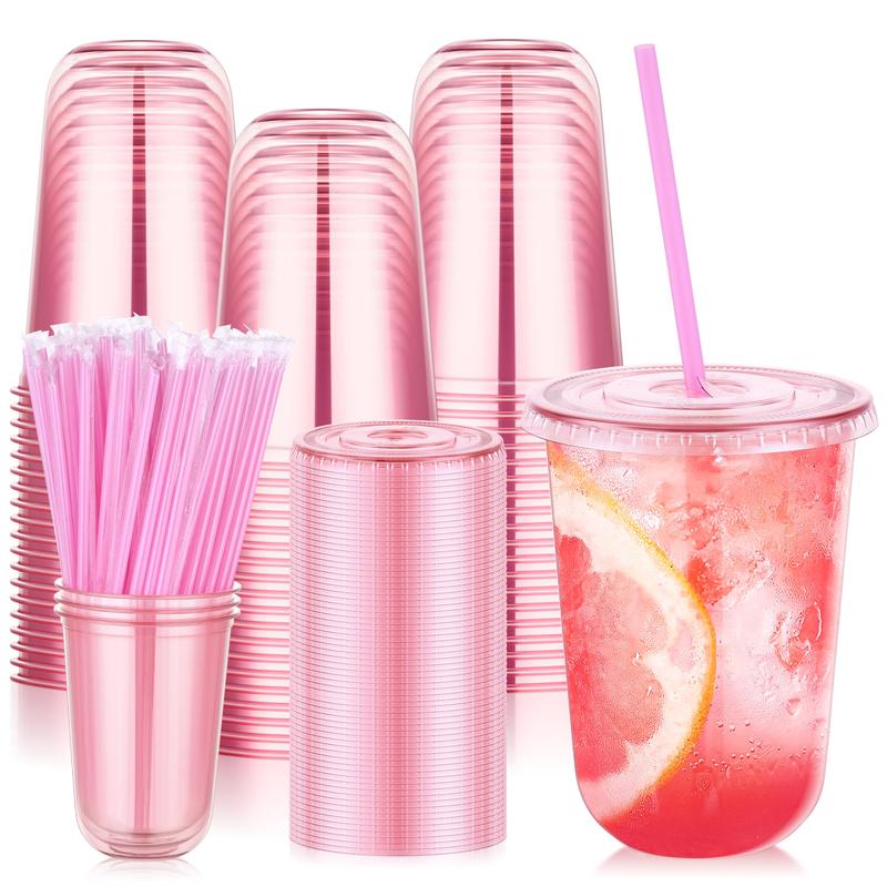Valentine's Day 50Pack 12oz/16oz Pink Plastic Party Cups with Lids and Straws,Disposable Iced Coffee Cup with Lids,Round Bottom Drinking Cups for Birthday Wedding Valentine's Galentine's Bachelorette Party