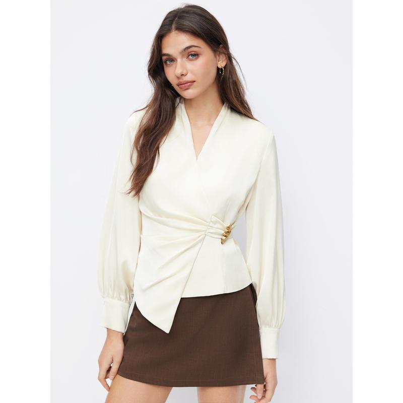 Cider Satin V-neck Long Sleeve Wrap Ruched Metal Detail Blouse