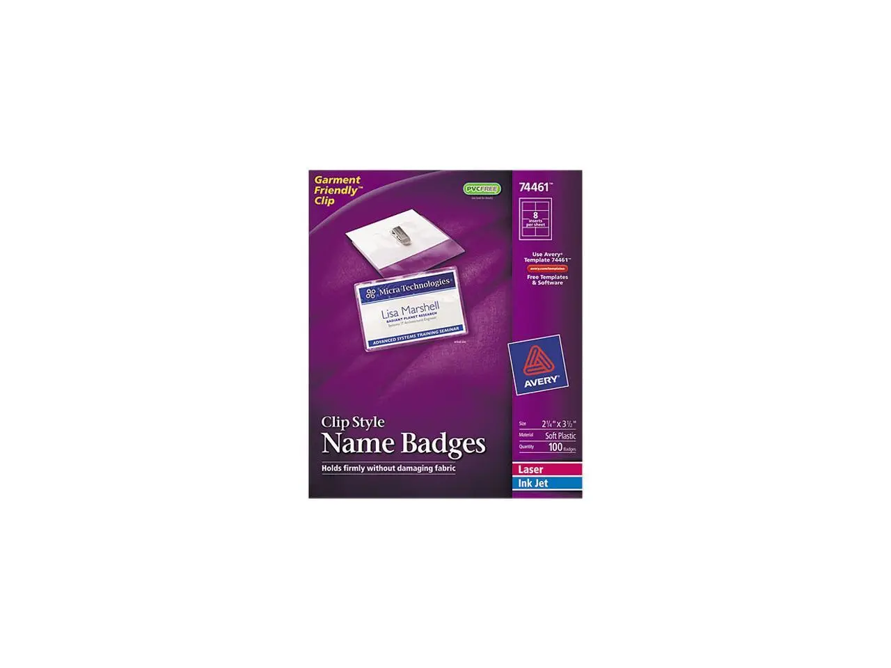 Avery 74461 Badge Holders w/Laser/Inkjet Inserts, Top Load, 2-1/4 x 3-1/2, White, 100/Box