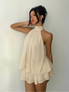 Women's Sleeveless High Neck Halter Dress, Elegant Chiffon Layered Gown, Loose Fit, Spring Summer, Party Tea Time, Multiple Colors, Lightweight, Chic