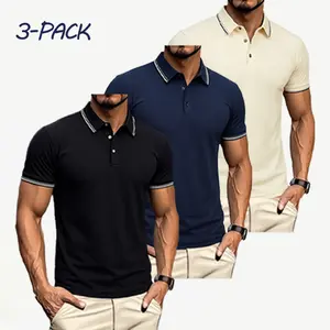 Men's Summer 3-Pack Short Sleeve Polos – Color-Block Collar & Cuffs, Breathable Stretch Fabric, Essential for Everyday Casual & Workwear