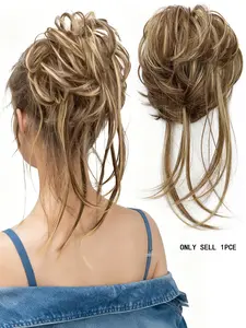 Fluffy Bun Women's Messy Bun Hair Piece, Naturally Slightly Wavy Synthetic Hair Bun with Long Straight Wispy Hairs, Elastic Hair Tie Hair Rope and Pony Tail Extension Synthetic Messy Bun Hair Do Ponytail Extension Synthetic Hairpiece