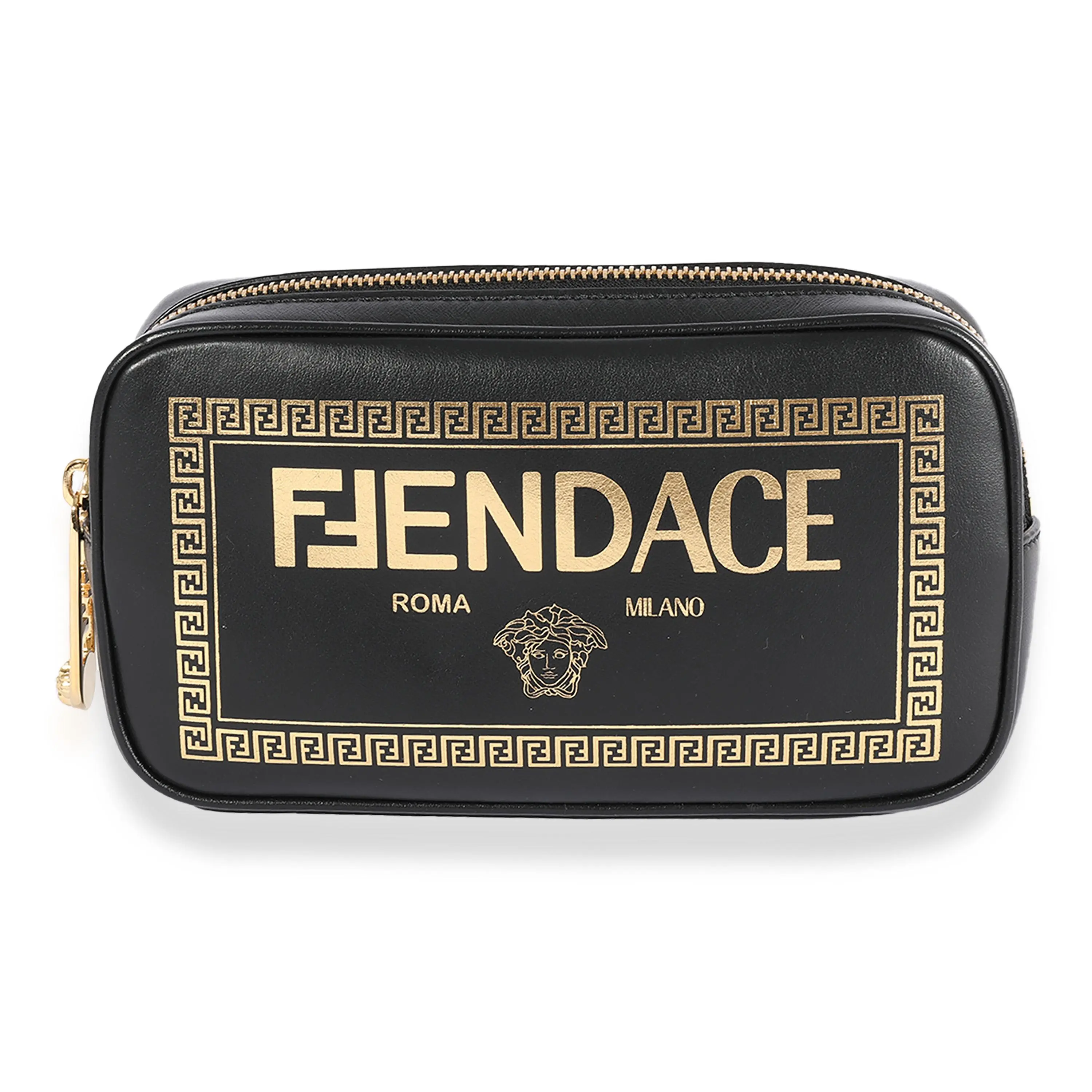 Pre-owned FENDI Leather Crossbody Bag NY156713 x Versace Fendace Black Logo Print Camera Case