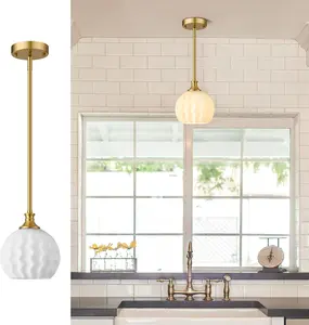 Brushed Gold Pendant Lights Kitchen Island, 7.3" Modern Milk Glass Pendant Light Fixtures with Adjustable Rods for Kitchen Sink Bathroom Dining Room