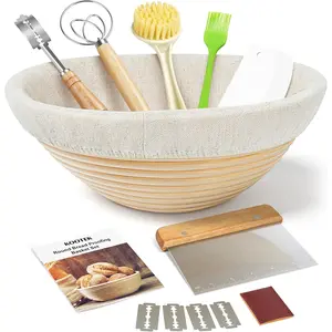Kootek Banneton Bread Proofing Basket Set – 9 Inch Round Sourdough Starter Kit with Dough Whisk, Scoring Lame, Scrapers & Accessories – Complete Artisan Bread Baking Tools for Beginners & Pros