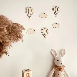 6-Piece Nordic Style Wooden Hot Air Balloon Cloud Wall Art Stickers Set, High-Quality Surface Finish, Perfect for DIY Home Decor, Decoration Sticker