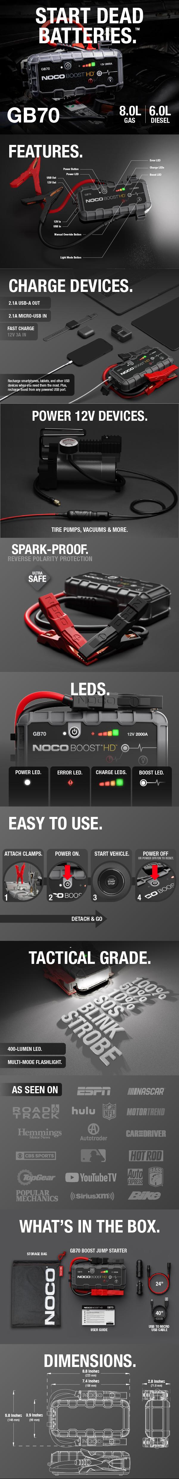 NOCO Boost HD GB70 2000A UltraSafe Jump Starter for 8.0L Gasoline and 6.0L Diesel Engines NOCO Boost HD GB70 2000A UltraSafe Jump Starter for 8.0L Gasoline and 6.0L Diesel Engines