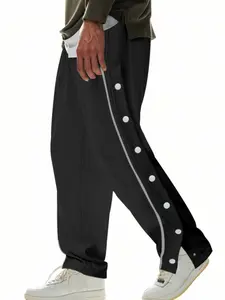 Men's Hip Hop Style Basketball Sweatpants Athleisure Style Bottoms for Fall & Winter, Trendy Streetwear in Plus Size with Front Buttons and Tear Design
