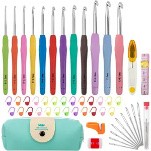 12 Sizes Crochet Hook Set, 51 Pack Yarn Crochet Kit for Beginners, Knitting Needles with Ergonomic Handles for Arthritic Hands, Crochet Needle Kit with Blue Case for Crocheters