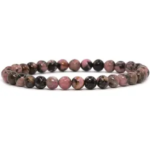Natural Matrix Rhodonite Gemstone 6mm Round Beads Stretch Bracelet 6.5 Inch