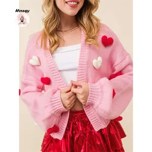 Women's Valentine's Day Crop Cardigan Sweaters Love Heart Embroidery Stylish Cozy Long Sleeve Knit Jacket