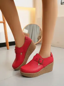 Deep Leather Wedge Sandals, Buckle Adjustable Waterproof Platform Casual Shoes, Comfortable All-Season Footwear