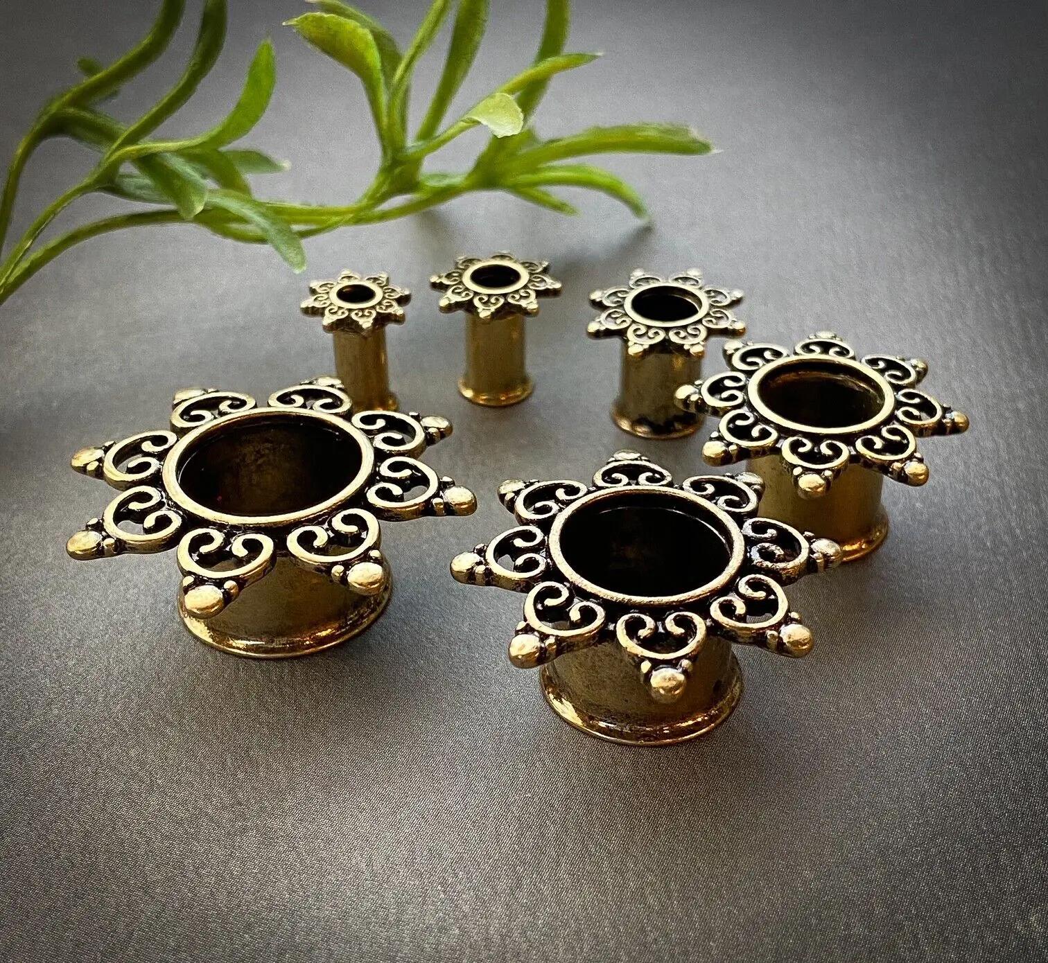 PAIR Antique Gold IP Tribal Sun Design Tunnels Plugs Earlets Gauges Body Jewelry