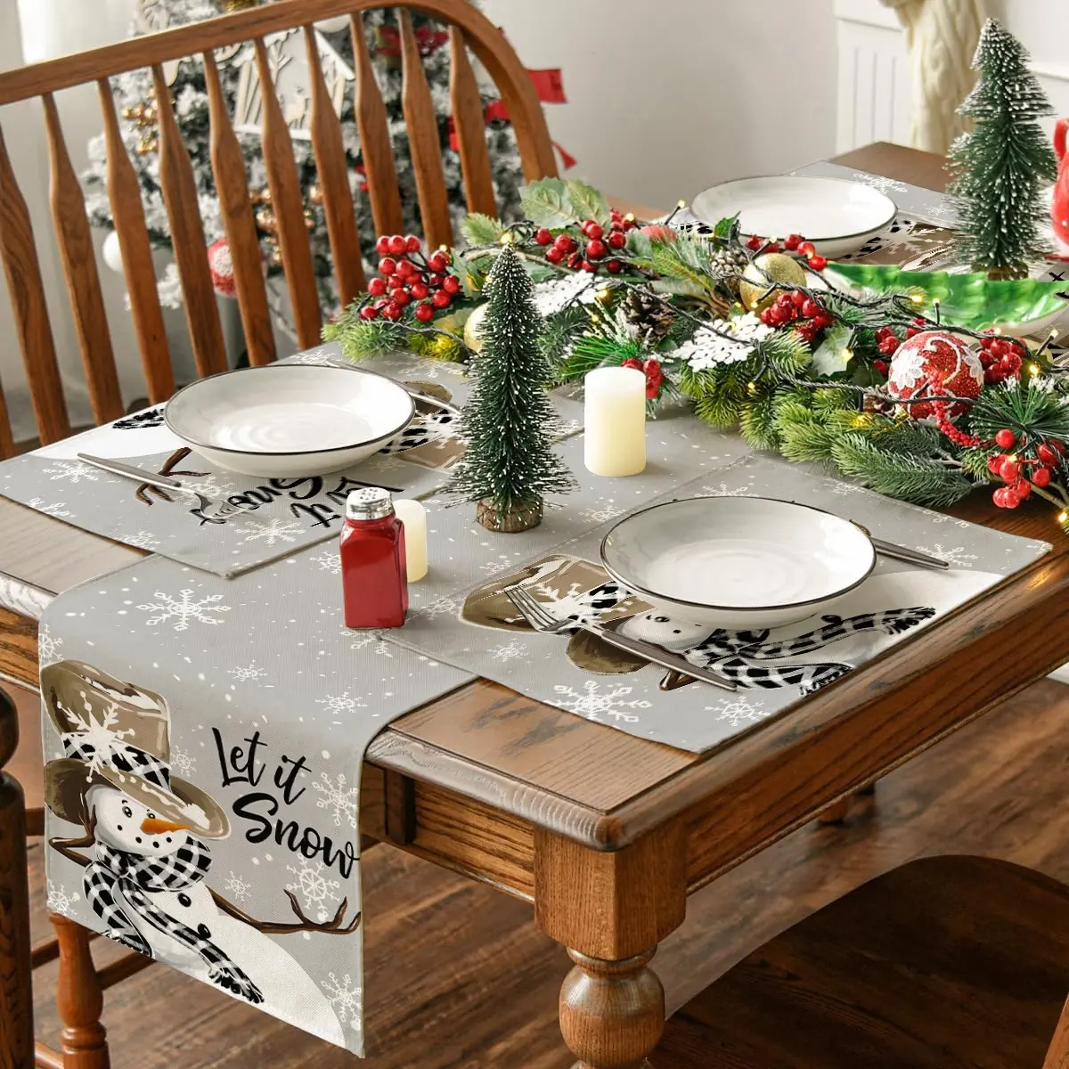 1/4/5/7pcs Christmas table flag placemat set, Kitchen decorative placemat, Christmas snowman, snowflakes, snow wishes, Christmas party decoration table mat, anti slip and heat-insulating tableware mat, Christmas decoration placemat