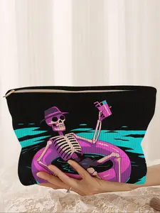 Skull Print Corduroy Makeup Bag, Cute Cartoon Style, Lightweight Multi-Functional Fashion Casual Handheld Cosmetic Pouch, Travel Organizer, Makeup Storage Bag