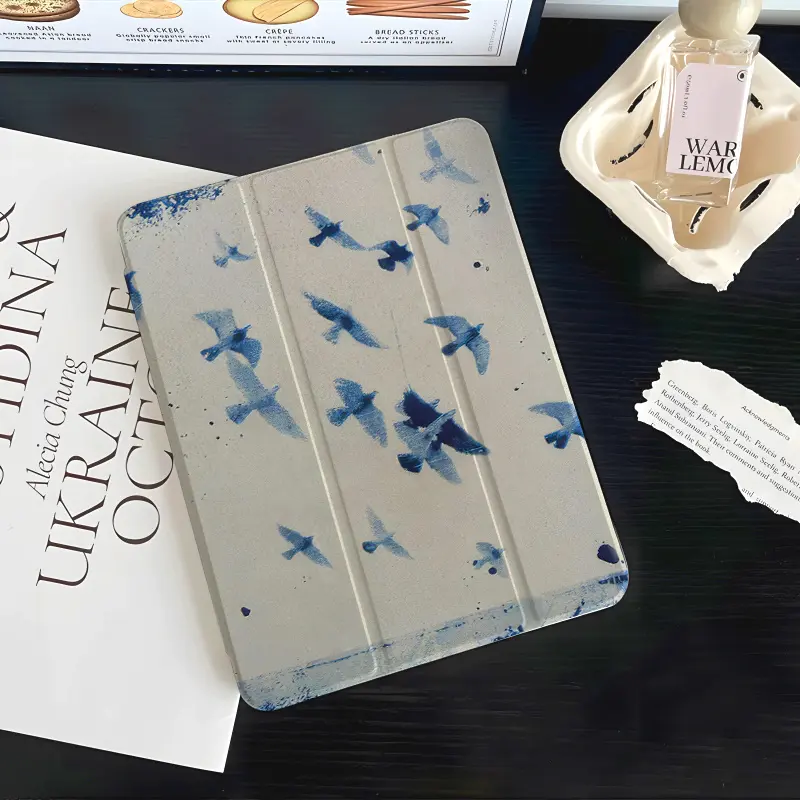 Creative blue flying pigeon element pattern tablet protective caseSuitable for iPad Mini, Air, Pro 4, 5, 6, 7 (2017, 2018, 2019, 2020, 2021, 2022, 2023, 2024, 2025 models), and Samsung S6, 7, 8, 9, 10FE + A7 LITE tablet cases.
