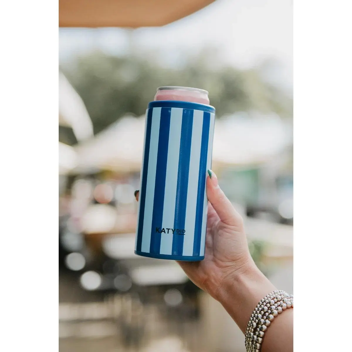 Light Blue and Navy Striped Tall Can Cooler