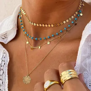 Vintage Ethnic Style Turquoise Necklace for Women, Simple Metal Flower Plate Sequin Necklace