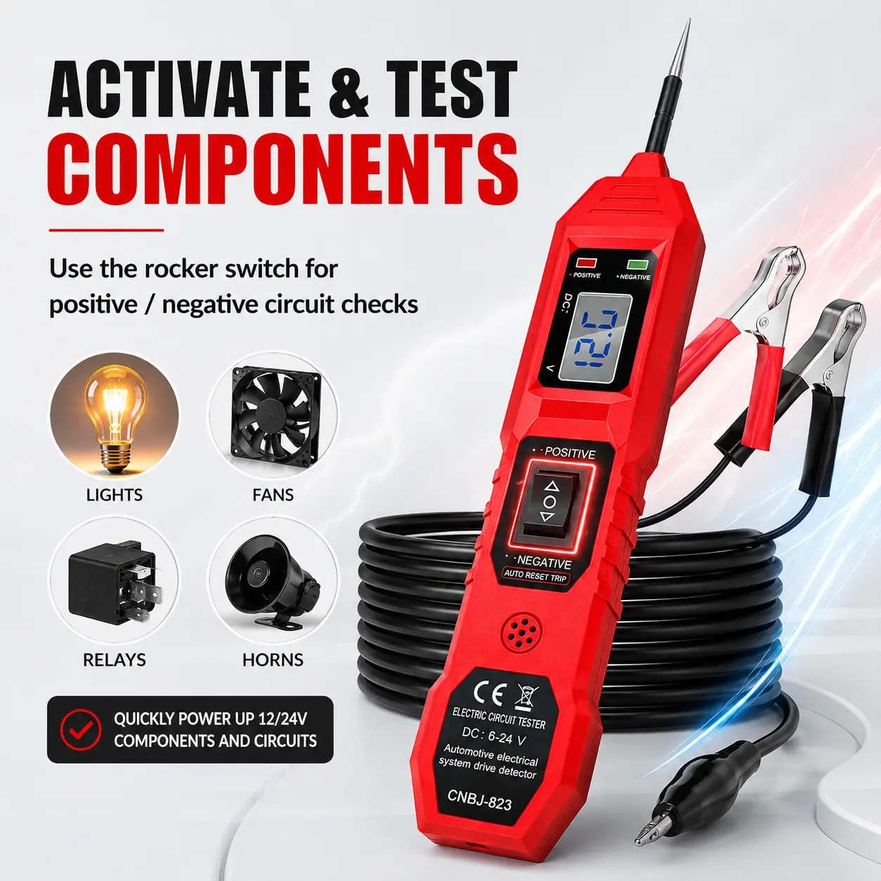 Car Voltage Tester, 6-24V DC 6-24V Vehicle Use Diagnostic Tool, LCD Voltage Display, Positive/Negative Polarity Check, Continuity Check, Auto Reset Trip Protection, Safe Electrical Diagnostic Probe for Automotive DC Systems