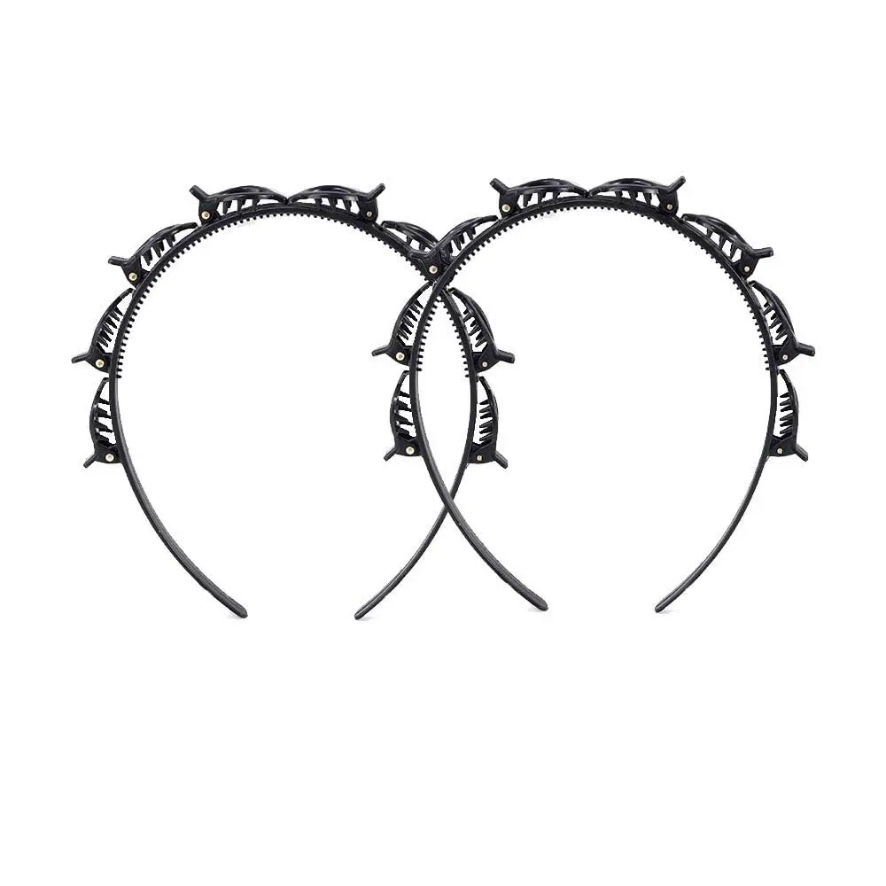 2Pcs Black Double Bangs Hairstyle Hairpin Headband With 8 Small Clips - Women Double Layer Twist Plait Headband Hair Tools,Twist Clip Headbands with Toothed Hairs Bands Braid Tool Hair Accessories Gift