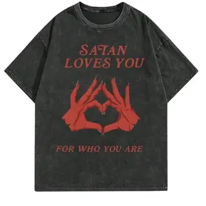 T-Shirt Retro Edgy "Satan Loves You" Graphic Print Loose Fit Short Sleeved Top y2k Vintage Streetwear Christmas Thanksgiving Gift Cyber Monday - Distressed