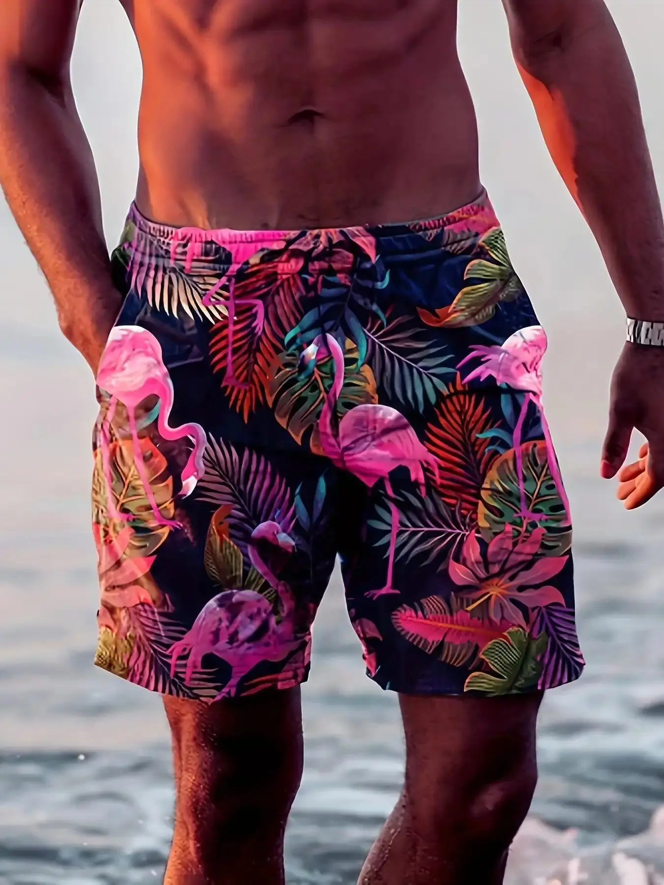 Men's Tropical Flamingo Print Shorts Drawstring Waist Regular Fit Casual Beach Vacation Outdoor Summer Bottoms, wardrobe staple, outdoor essential, trendy style, everyday wear, essential piece, must have item