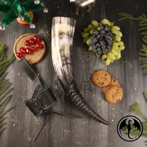 Viking Drinking Horn with Leather Holster| Viking Gift for Men & Women| Unique & Hand Crafted| Food Safe| Natural Shine Finish (Leather Holster with Horn)