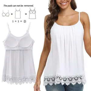 [Plus Size]  Bohemian Women Camisole with Built in Shelf Bra Adjustable Spaghetti Straps Casual Flowy Lounge Padded Cami Tank Top, Ladies Solid Backless Camisole Loose Fit Tops Blouse Plus Size S-4XL