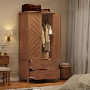 Garvee V Shape Armoire Wardrobe Closet with 2 Doors and Drawers, 71.06" Farmhouse Wooden Tall Bedroom Cabinet with Hanging Rod, Freestanding Large Storage Cabinet, Sturdy Frame for Organized Storage