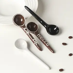 4-Piece American Ceramic Soup Spoons Set, Long Handle Pointed Japanese Tea Spoons, Hand Painted Porcelain Utensils Tableware for Cafes Offices