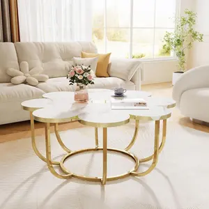 LITTLE TREE White and Gold Coffee Table, Modern Flower-Shaped Coffee Table with Faux Marble Tabletop, 39.37-Inch Floral Accent Center Table with Metal Frame for Living Room, Bedroom, Lounge
