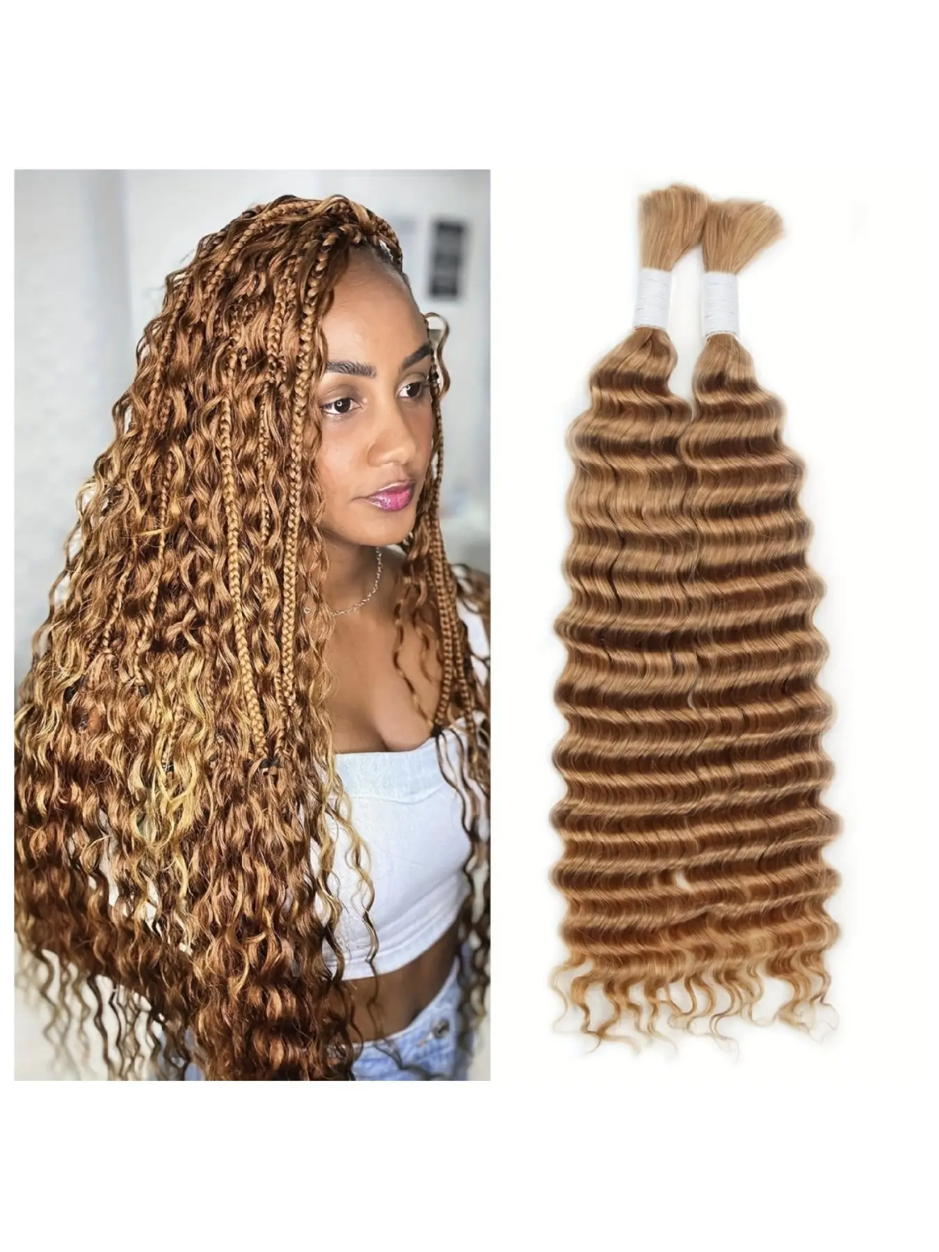 #27 Deep Wave Bulk Human Hair for Braiding No Weft 100% Human Hair Unprocessed Brazilian Virgin Human Hair Bulk for Women 100g with 2 Bundles Honey Blonde Human Braiding Hair Color 27 for Boho Braids Bohemian Knotless Deep Wave Bulk No Weft 14inch-28inch